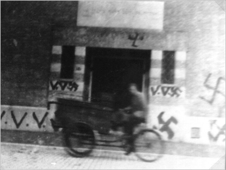 Swastikas and Nazi graffiti on an exterior wall of a synagogue in Amsterdam.